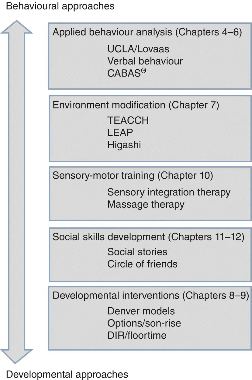 Schematic presenting an up-down arrow (left) labeled Behavioral (top) and Developmental (bottom) approaches. 5 boxes (right) list the individual types of intervention programs and their characterizations.