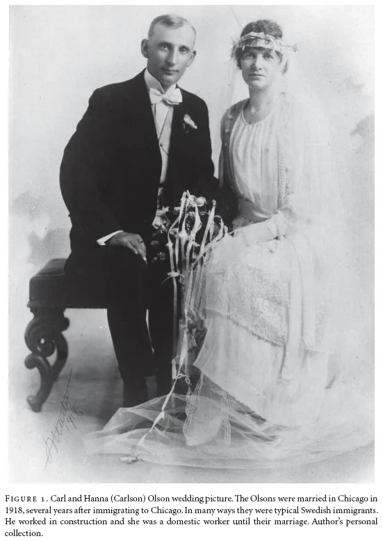 Image: FIGURE 1. Carl and Hanna (Carlson) Olson wedding picture. The Olsons were married in Chicago in 1918, several years after immigrating to Chicago. In many ways they were typical Swedish immigrants. He worked in construction and she was a domestic worker until their marriage. Author’s personal collection.