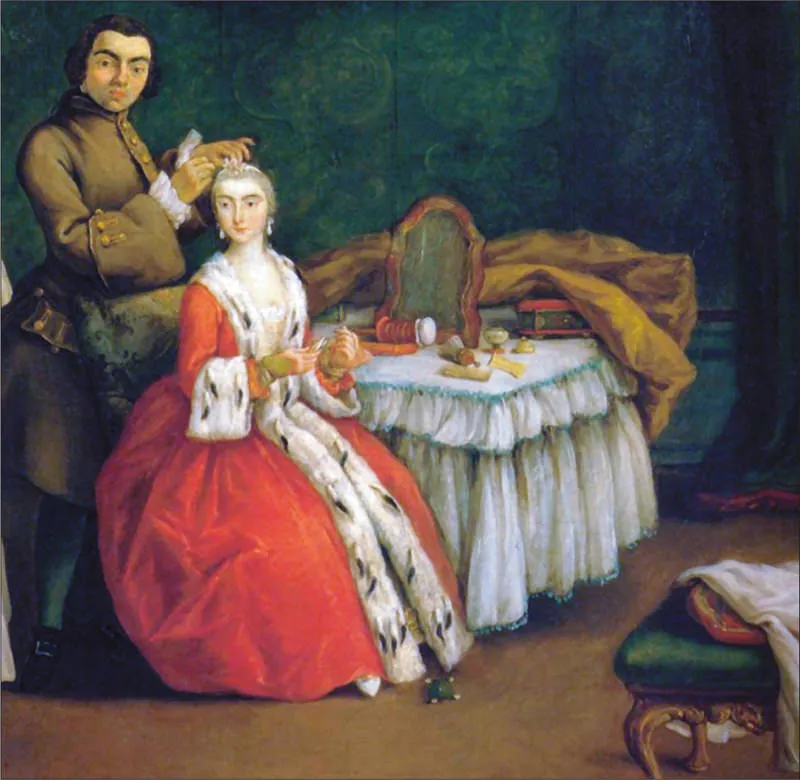 4. P. Longhi, Il parrucchiere, part., 1760 ca., olio su tela; Venezia, Ca’ Rezzonico.