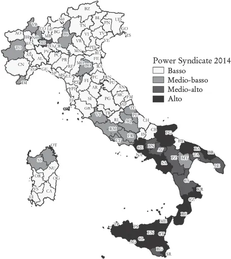 Figura 1. Presenza e intensità della criminalità organizzata nelle province italiane. Indice di power syndicate 2014 (calcolato sugli anni 2008-11).