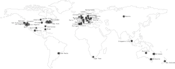 The chart shows a map of the world with dots representing the cities of origin of the top 100 graffiti writers and street artists. The dots are heavily clustered around Los Angeles, New York and Western Europe, with single dots in Sao Paolo, Cape Town and central Russia, Singapore, Australia and New Zealand.