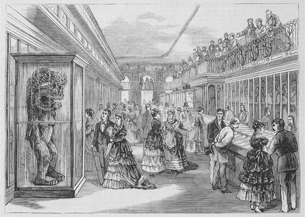 Figure 1.1. This magazine illustration captures the contrast between the gentility of museum goers and the exoticism of the East India Marine Society artifacts exhibited in Salem. A carved wooden god acquired in Hawai‘i is visible in the display case on the left. Leslie’s Illustrated Newspaper, 4 Sept. 1869, 393. Courtesy of the American Antiquarian Society.