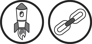 Diagrammatic representation of a rocket and a connector, which symbolizes the core of cybersecurity, that is, speed and connectivity.