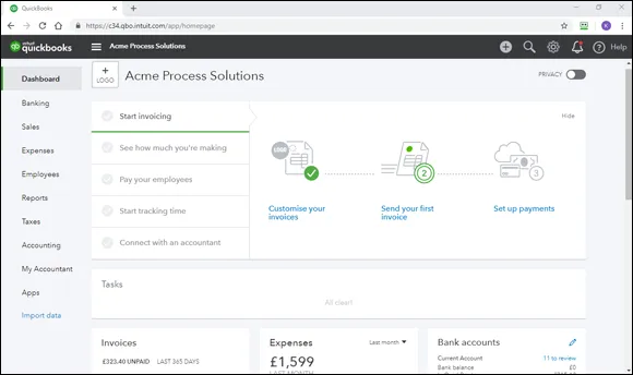Screenshot of the QuickBooks window displaying a navigation bar with dashboard being selected. At the display section are 5 rows with unshaded checkmarks (labeled) with corresponding icons representing the steps.