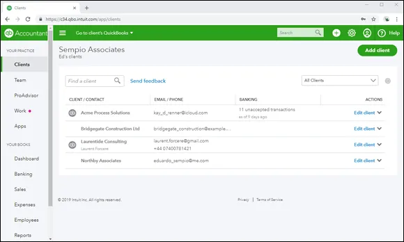 Screenshot of the Clients window displaying a navigation bar with “Clients” being selected. At the display section is a 3-column table for client/contact, email/phone, and banking. Above the table is a search bar.