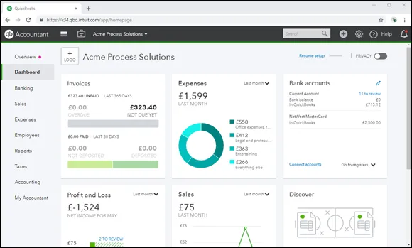 Screenshot of the QuickBooks window displaying a navigation pane with “Dashboard” being selected. At the display pane are boxes for invoices, expenses, which is represented by a donut chart, bank accounts, sales, etc.