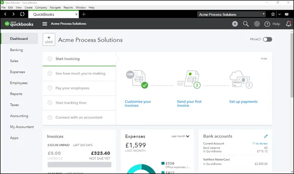 Screenshot of the QuickBooks window displaying a navigation pane with “Dashboard” being selected. At the display pane are icons representing a process and boxes for invoices, expenses, bank accounts, etc.