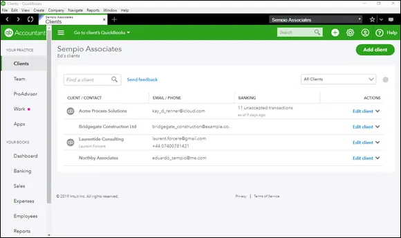 Screenshot of the “Sempio Associates Clients” window displaying a navigation pane with “Clients” being selected. At the display pane is a 3-column table for client/contact, email/phone, and banking.