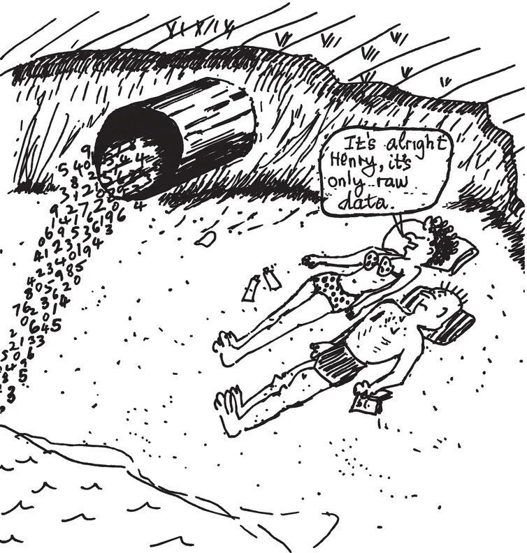 An illustration displaying a man and a woman lying on the sand, with number coming out the drainage at the right of them. The woman has a callout with text “It’s alright Henry, it’s only raw data.”