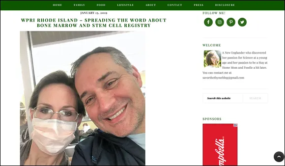 Screenshot of the blog of Jennifer Leal, which is intended to raise awareness for bone marrow donors.