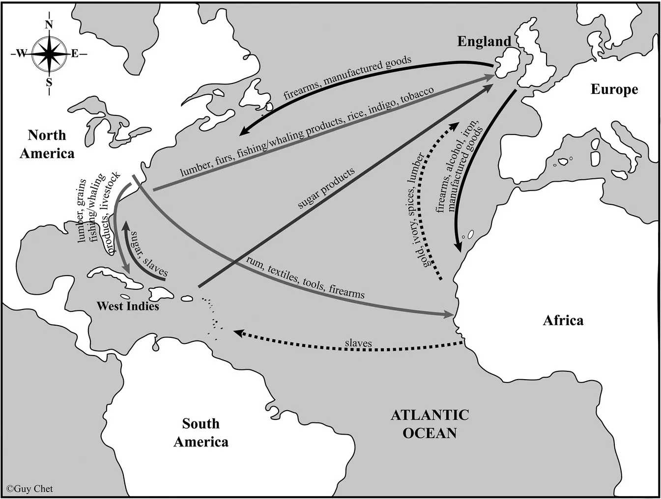 Map displaying the triangular trade routes connecting England, the Caribbean,
North America, and West Africa.