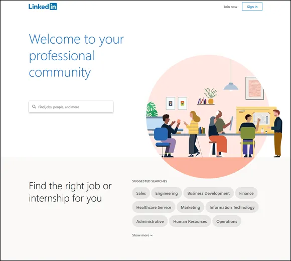 Screenshot to sign in to the professional social networking site LinkedIn, the best place to start to meet other professionals online and to find the right job or internship.