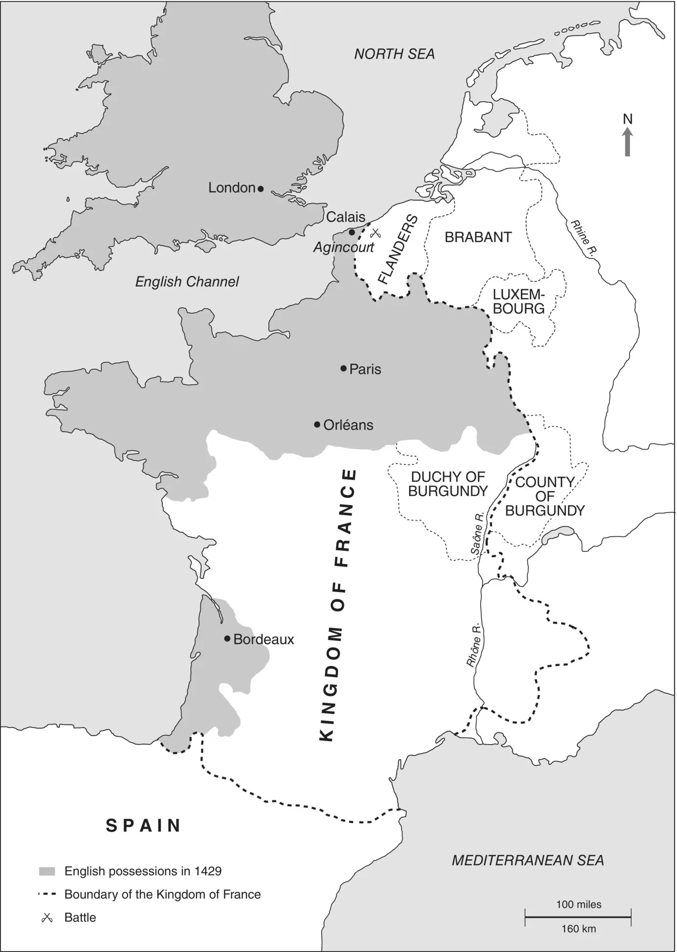 Map of the southern England and western France during the later Middle Ages with markers for English possessions in 1429 (gray rectangular box), boundary of the Kingdom of France (dashed line), and battle (crossed swords).