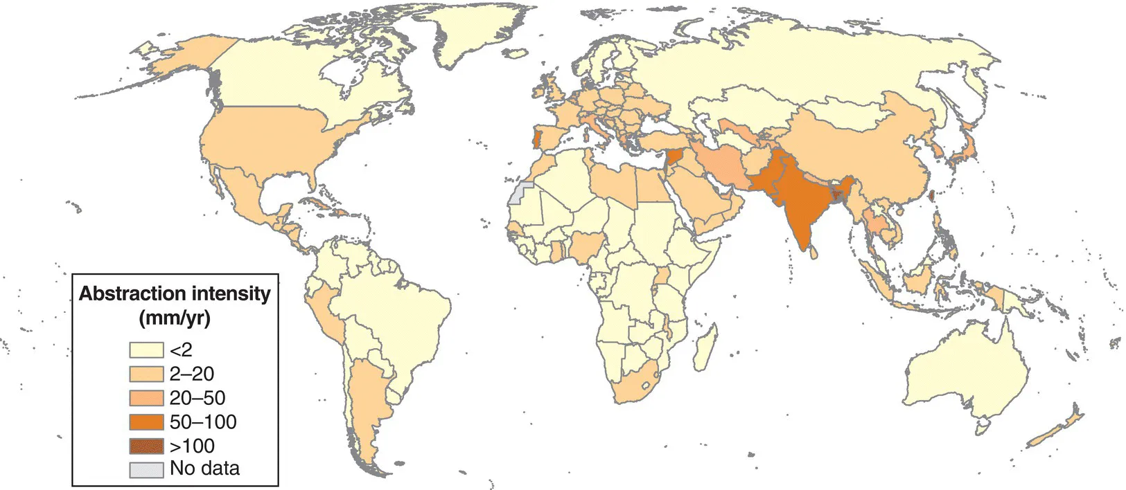 Choropleth world map displaying the intensity of groundwater abstraction by country for the year 2010, with shades indicating the locations with abstraction intensity of <2, 2–20, 20–50, 50–100, >100, and with no data.