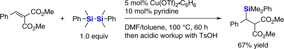 Copper‐catalyzed silylation of alkylidene malonates with a disilane, involving 5 mol% Cu(OTf)2•C6H6; 10 mol% pyridine; DMF/toluene, 100 °C, 60 h; and acidic workup with TsOH, giving 67% yield.