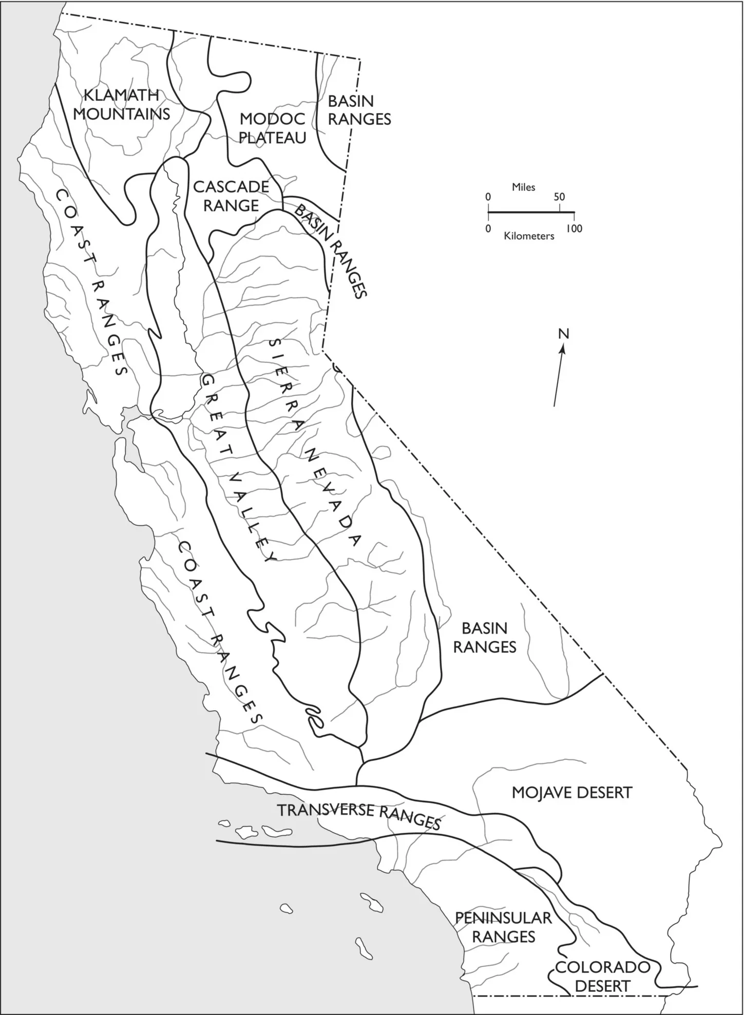 Map of California displaying Great Valley, Coast Ranges, Colorado Desert, Mojave Desert, Sierra Nevada, Modoc Plateau, Klamath Mountains, Peninsular Ranges, etc. with an arrow indicating north.