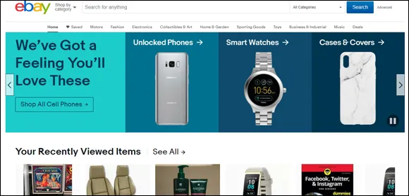 eBay home page displaying a smart phone, a watch, and a phone case below the search bar. At the bottommost part are recently viewed items.