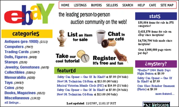 AuctionWeb displaying a navigation pane for categories at the left and panes for stats and mystery at the right. At the center are photos of a hand, donuts, clock, etc.