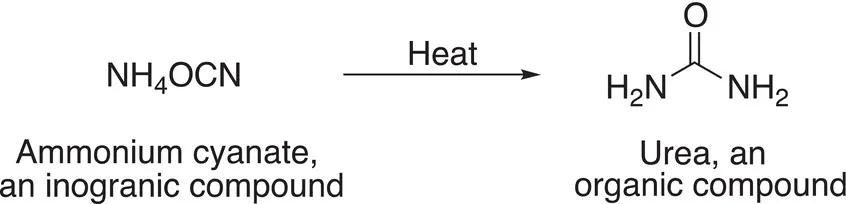 Reaction schematic illustrating the synthesis of urea accomplished by heating ammonium cyanate, an inorganic compound.