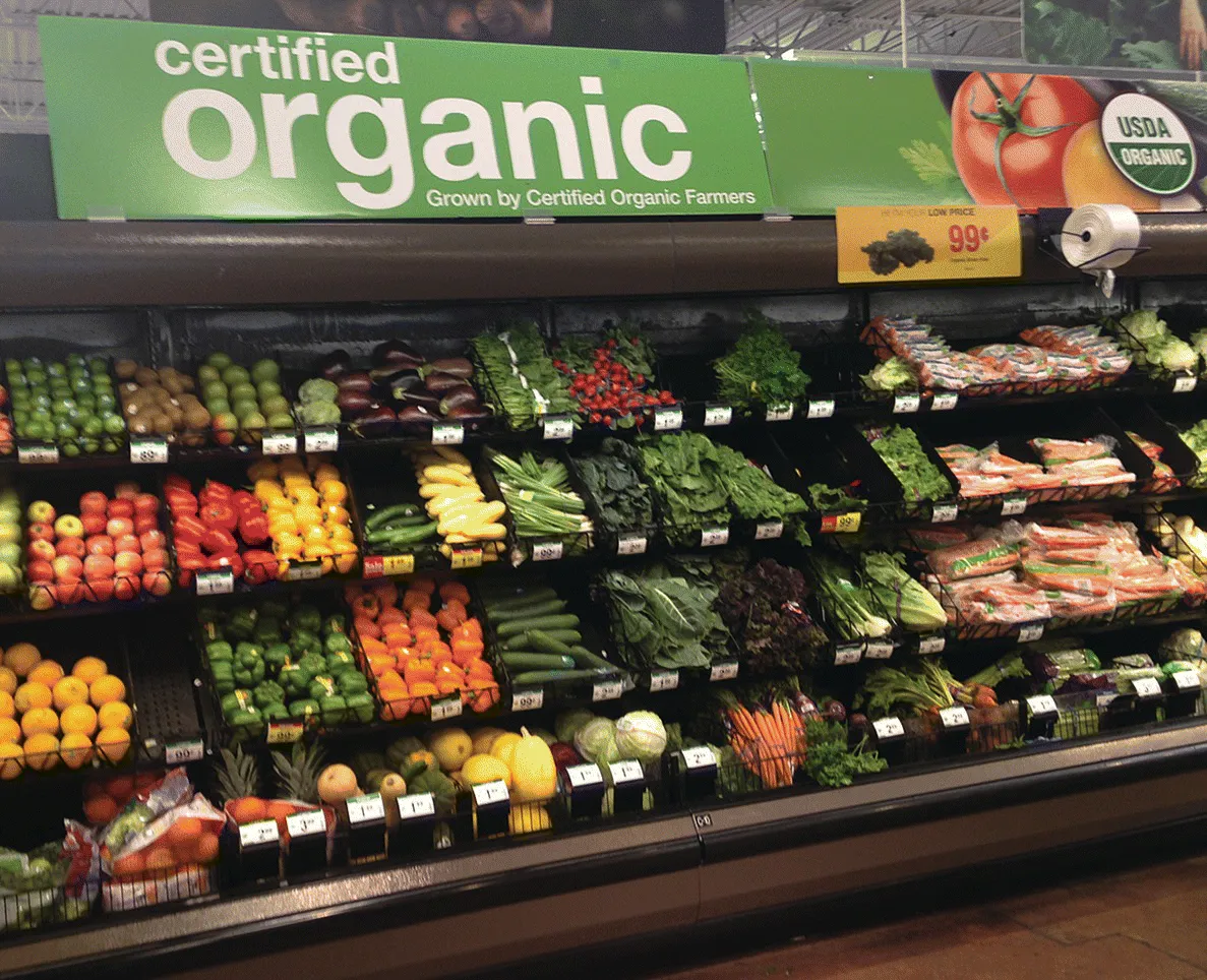 Photo displaying display shelves of various fruits and vegetables that are certified organic.