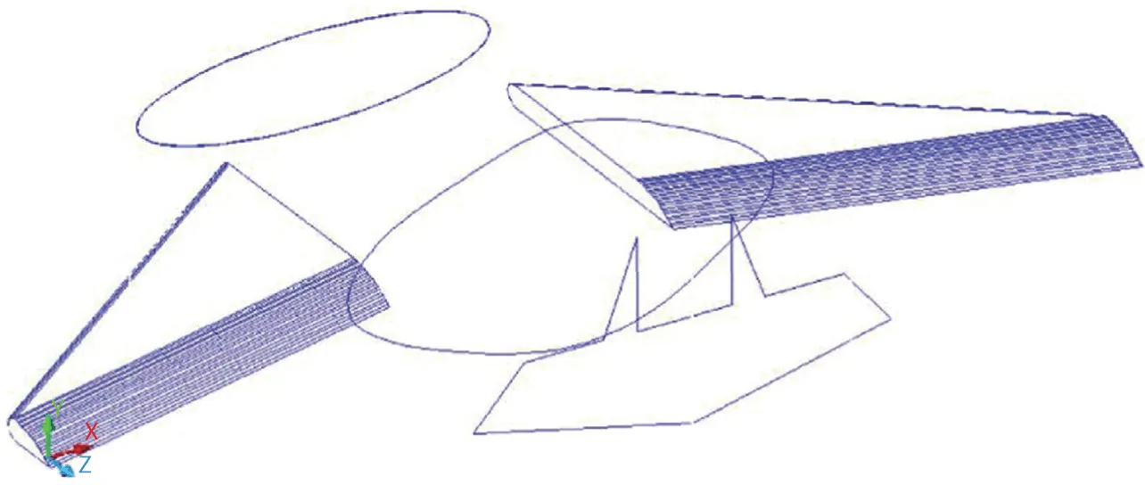 Figure shows a graphic three-dimensional wireframe model aircraft to present the construction of the fuselage support sections (four) with wings.