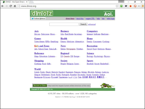 Screenshot displaying an Open Directory Project, known as DMOZ — Directory Mozilla — a volunteer-managed directory owned by AOL.