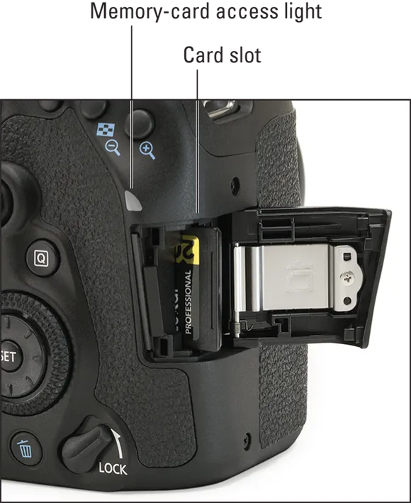 Photo illustration of a memory card inserted with its label facing the camera.