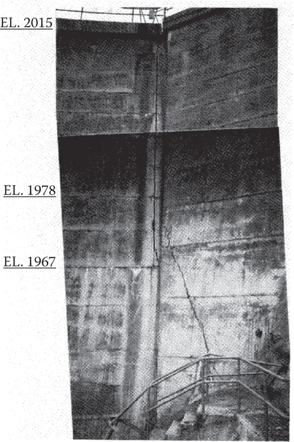 Image depicting a crack at the joint between the Pacoima Dam arch and the thrust block and diagonal crack in the thrust block.