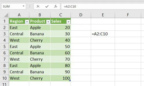 Three columns of data in A2:C10. Off to the right, you are about to enter a formula of =A2:C10 in cell E3.