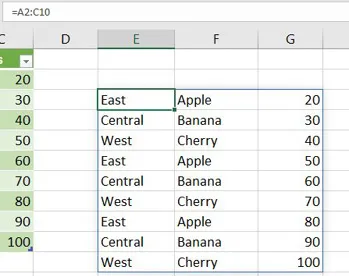 The one formula =A2:C10 returns a three-column by 9-row set of results. The formula bar shows =A2:C10. A green outline appears around the entire results set.