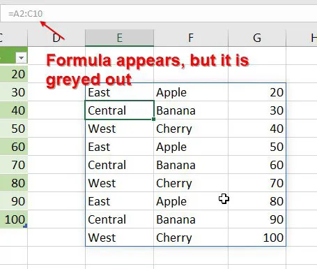 Select one of the other cells in the result set and the formula in the formula bar is greyed out.