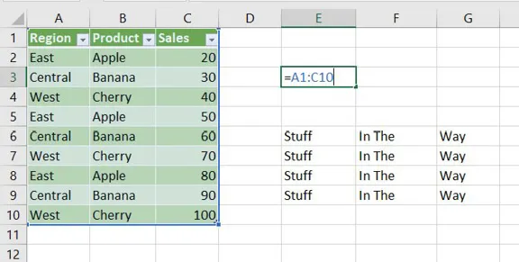 Trying to enter the same =A1:C10 formula in cell E3, but this time, there are non-blank cells in the way - E6:G9 has some notes.