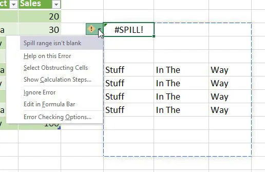 After entering the formula, it returns a #SPILL! error. Open the on-grid drop-down to the left of the cell and it shows the error as