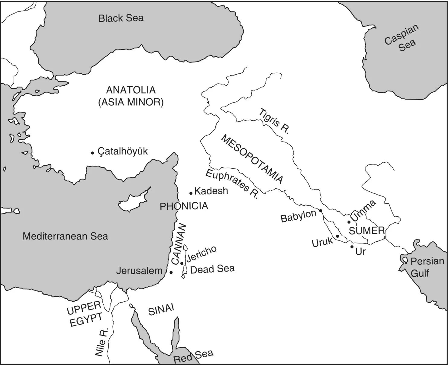 Map of the ancient Near East with circle markers indicating the location of Jerusalem, Jericho, Çatalhöyük, Kadesh, Babylon, Uruk, Umma, and Ur. Bodies of water such as the Red Sea and Caspian Sea are also indicated.