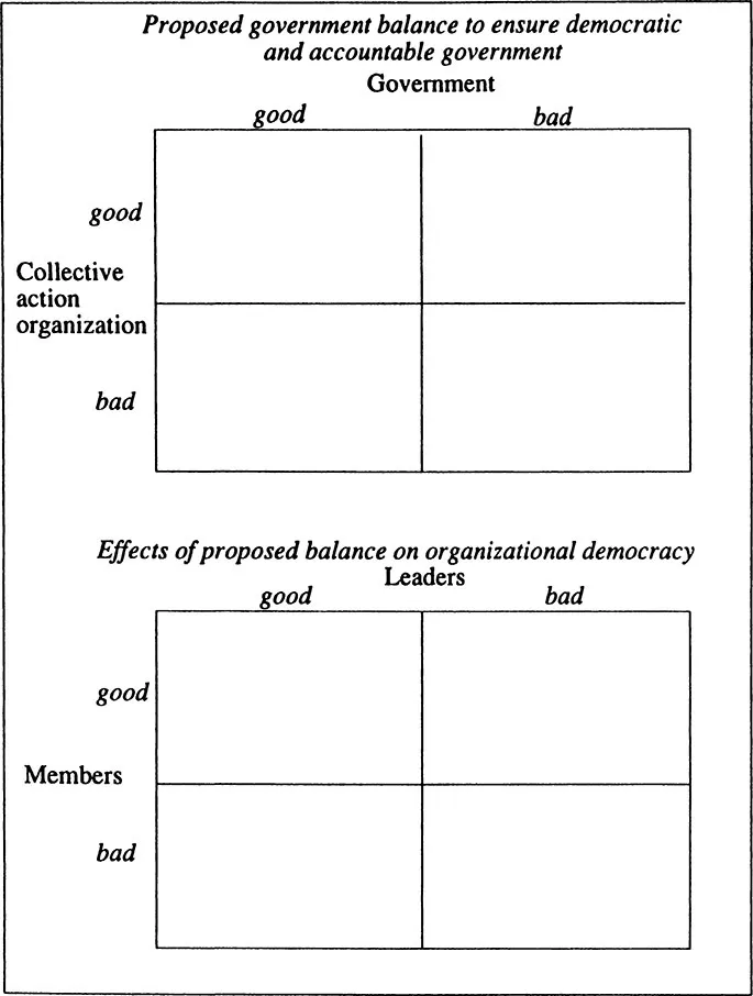 Figure 1.4 Considerations involved in striking a balance between civil society and government that maximizes democracy for all participants