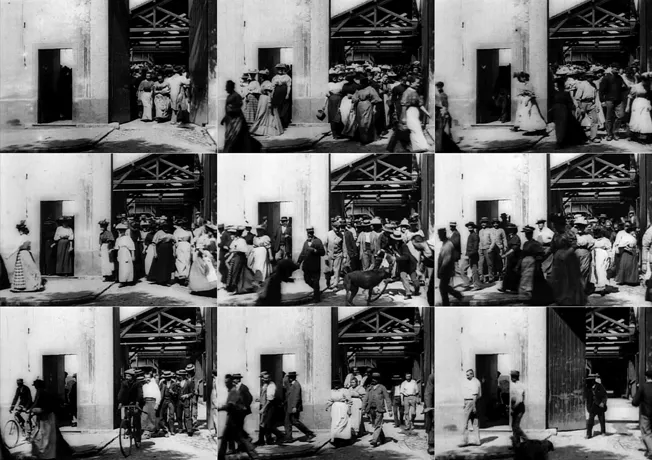 Figure 1.1 Stills from the long take in La Sortie de l’Usine Lumière à Lyon, Lumière Vue no. 91.3 [“Workers Leaving The Lumière Factory in Lyon,” also known as “Employees Leaving the Lumière Factory” or “Exiting the Factory,”] (third version, August 1896), directed by Louis Lumière.