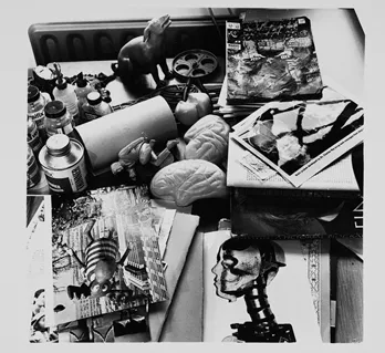 Figure 1.2 Desk with printed matter and toys/toy brains. Eduardo Paolozzi’s studio at 107 Dovehouse Street, London, 1970. National Galleries of Scotland. Scottish National Gallery of Modern Art Archive.