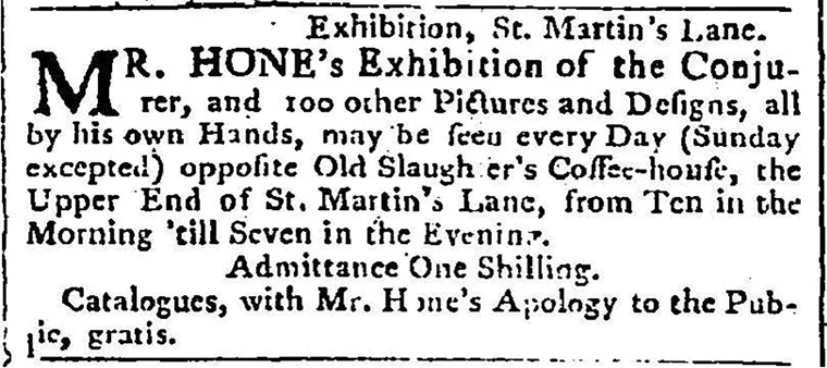 Figure 1.1 Advertisement of Hone’s Exhibition. The Public Advertiser, Monday, 8 May 1775, p. [1]. From Gale. 17th and 18th Century Burney Collection Newspapers.