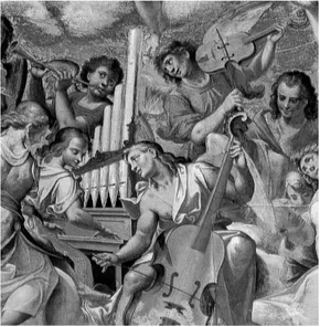 Figure 1 Aurelio Luini and Carlo Urbino, Assunzione della Vergine, 1576, detail. Verbania-Pallanza, Church of the Madonna di Campagna. Viol with six strings, frets and underhand bow-grip, but with a cello-shaped body. http://commons.wikimedia.org/wiki/File:Madonna_di_Campagna_-_Fresco_2_Apsis.webp Author Wolfgang Sauber.