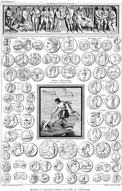 Figure 1.1 Image in the center shows the fall of Helle into the sea, surrounded by the coins of the ancient cities around the Hellespont. From “Médailles et Antiquités relatives aux Villes de l’Hellespont” in Choiseul-Gouffier’s Voyage pittoresque de la Grèce, Paris, J.-J. Blaise, 1822. Credit: Aikaterini Laskaridis Foundation