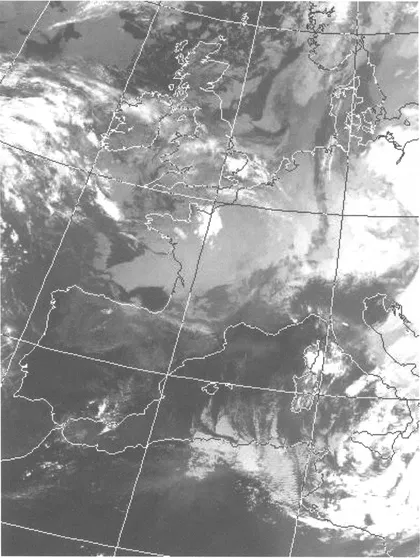 Figure 2.4 A NOAA AVHRR satellite image of part of North Africa and Europe, 8 November 1999 (15.15 hours, thermal infrared channel 11.5-12.5μe swirl of cloud between Italy and Tunisia indicates a low pressure cell, drawing northerly winds from eastern Europe over Tunisia) Source: Dundee Satellite Receiving Station