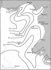 Figure 2.5 Mean annual rainfall (left hand map, units are mm) and mean annual temperature (right hand map, units are °C) for Tunisia, 1901-1960