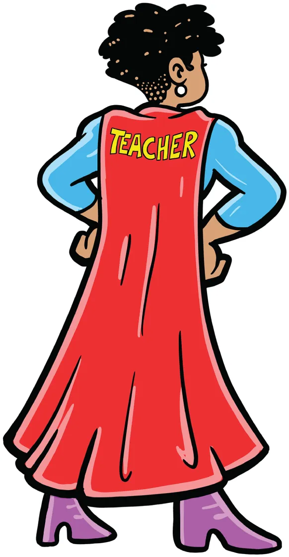 Cartoon image of a lady teacher, a long-time educator and administrator who specialized in launching new schools.