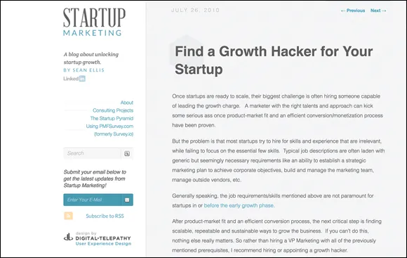Screenshot of a blog post “Find a Growth Hacker for Your Startup,” which is all about unlocking startup growth.
