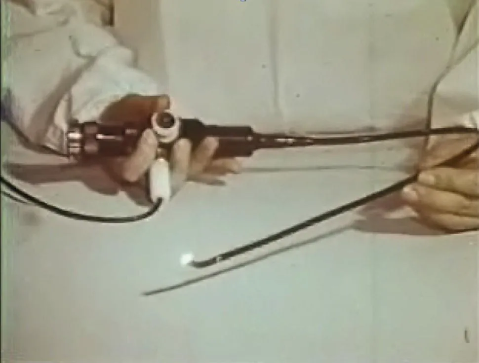 Photo depicts the movie clip of the first flexible fiberscope.