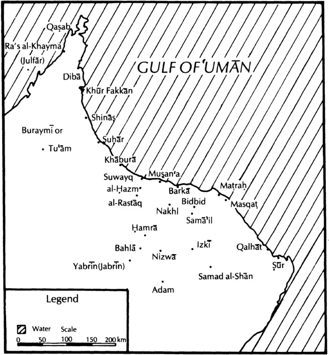 Map 2: towns and villages of ʿUmān and northern ʿUmān based on maps in Landen, Wilkinson and Skeet