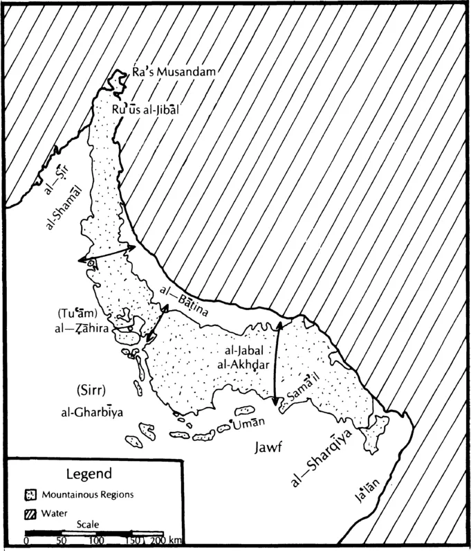 Map 3: mountainous regions and district names of ʿUmān and northern ʿUmān based on maps in Wilkinson and Landen