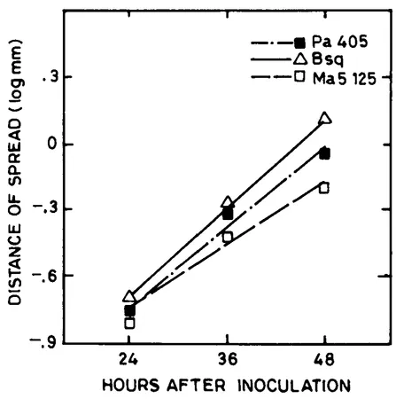 FIGURE 1. Rate of cell-to-cell transport of maize dwarf mosaic virus strain B in mechanically inoculated leaves of Ma5125 (susceptible), Pa405 (resistant), and Bsq (resistant) corn inbreds. (From Lei, J. D. and Agrios, G. N., Phytopathology, 76, 1034, 1986. With permission.)