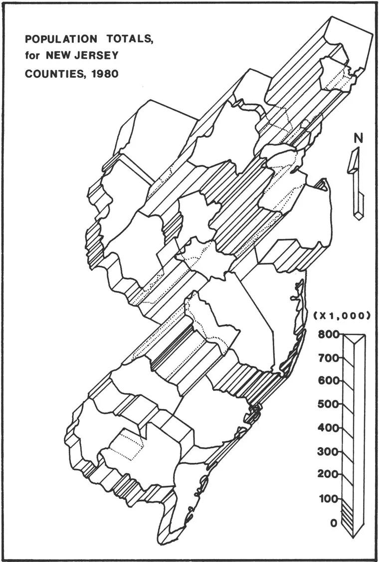 FIGURE 1.3. Population Totals, by Counties. A striking view of New Jersey's population distribution (and political geography) is this three-dimensional county outline map: the north-oriented nature of the state's population is evident.