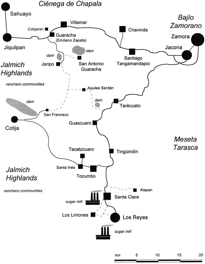 FIGURE 1.2 Map of the CiƩnega de Chapala, Zamora and Los Reyes (showing places mentioned in the text and main communication routes)